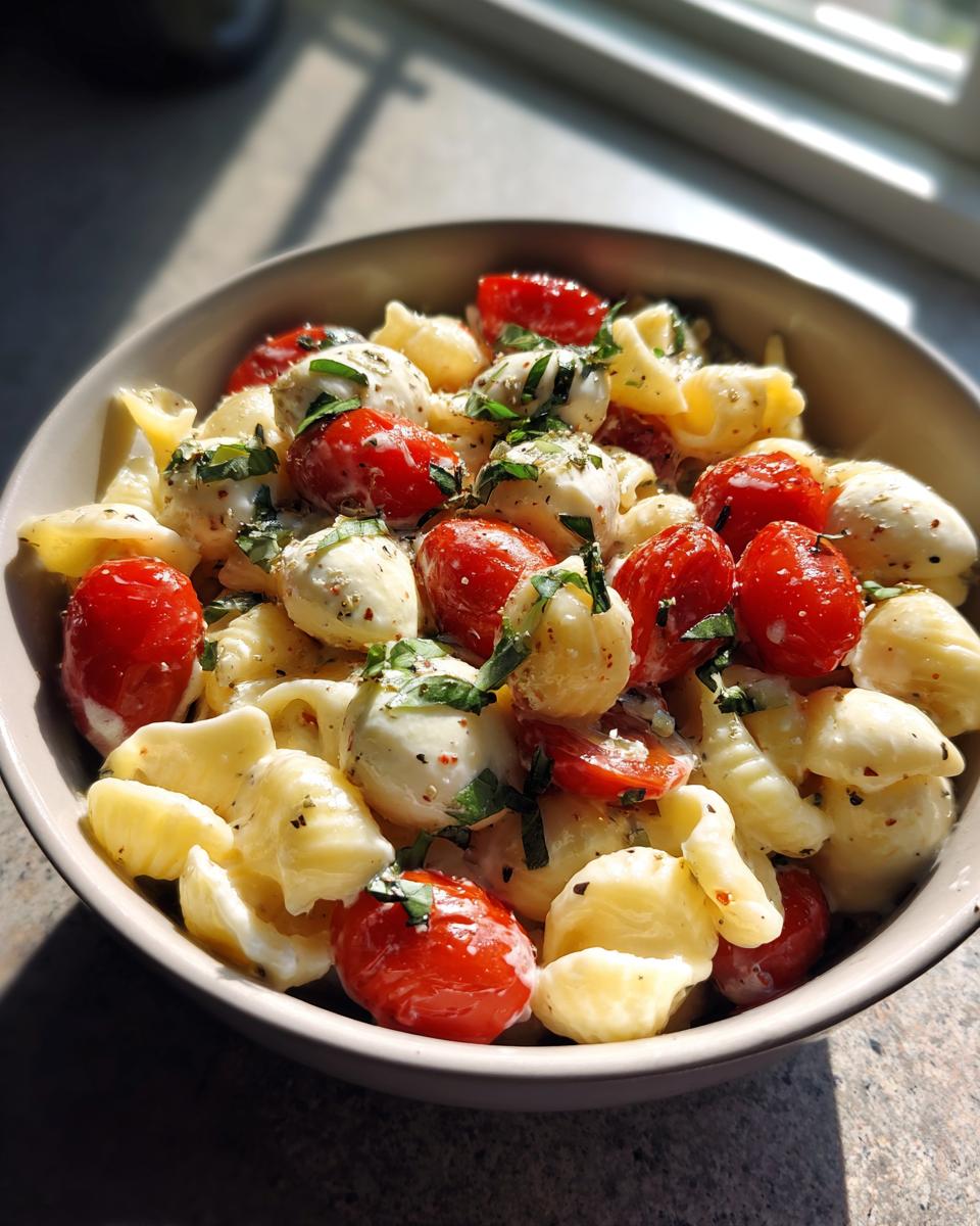 Close-up of a bowl filled with Creamy Caprese Pasta Salad, featuring pasta, tomatoes, mozzarella, and basil.