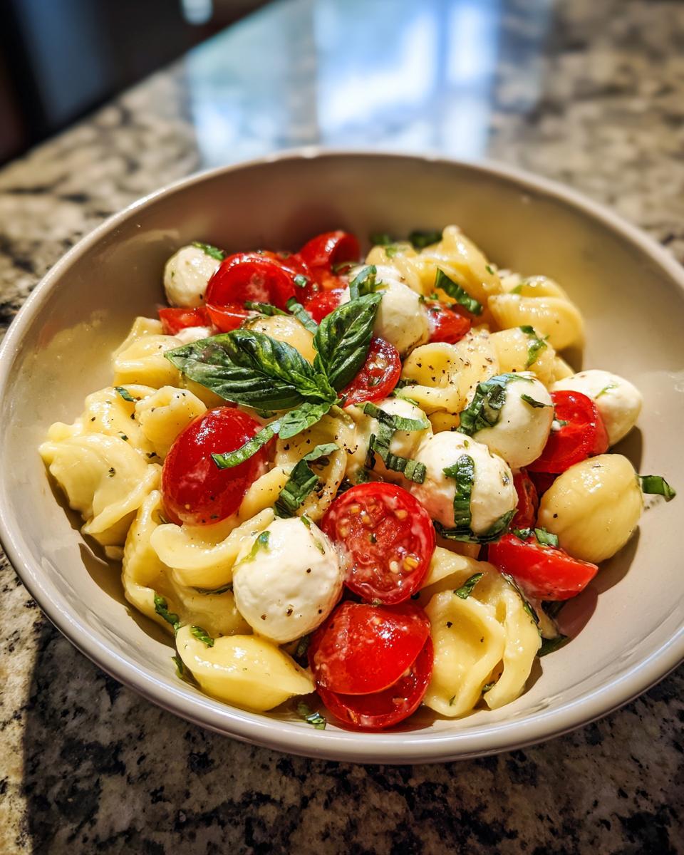 Close-up of a bowl of Creamy Caprese Pasta Salad with tomatoes, mozzarella, and basil.