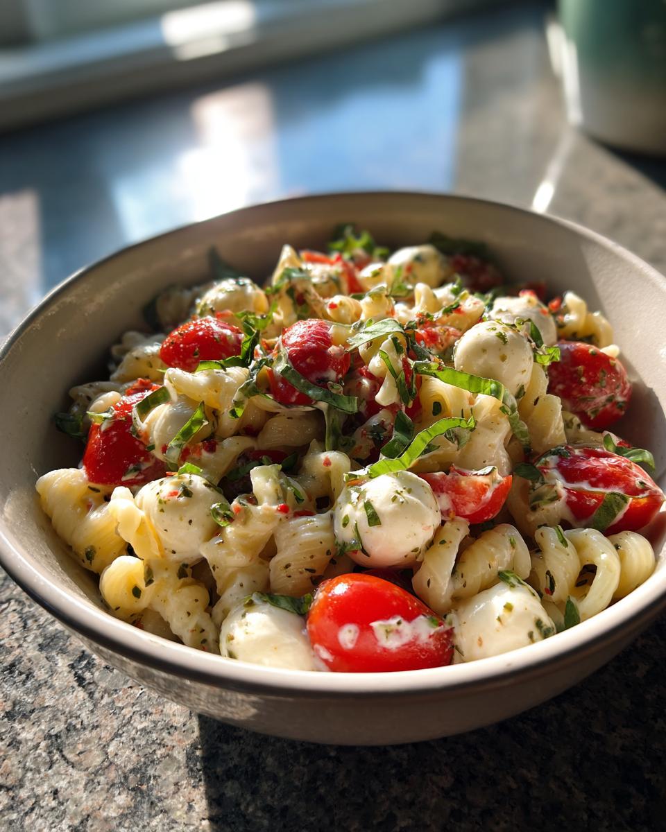 Close-up of a bowl filled with creamy Caprese Pasta Salad, with tomatoes, mozzarella, and basil.