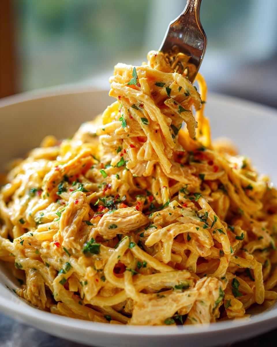 Close-up of creamy pasta salad and chicken with herbs and spices, ready to eat.
