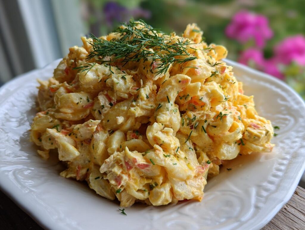 Close-up of creamy pasta salad and chicken with fresh dill on a white plate.