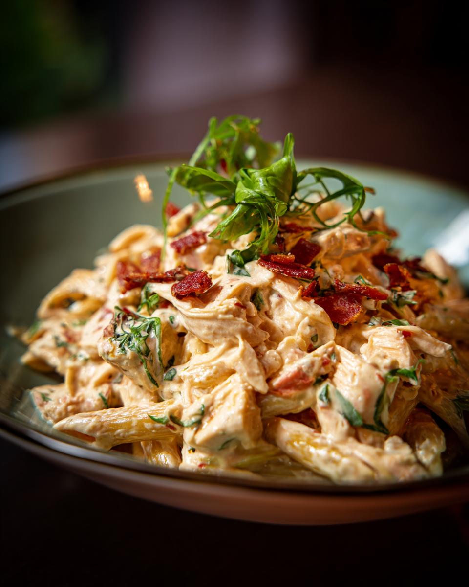 Close-up of a creamy pasta salad and chicken dish in a bowl, garnished with greens.