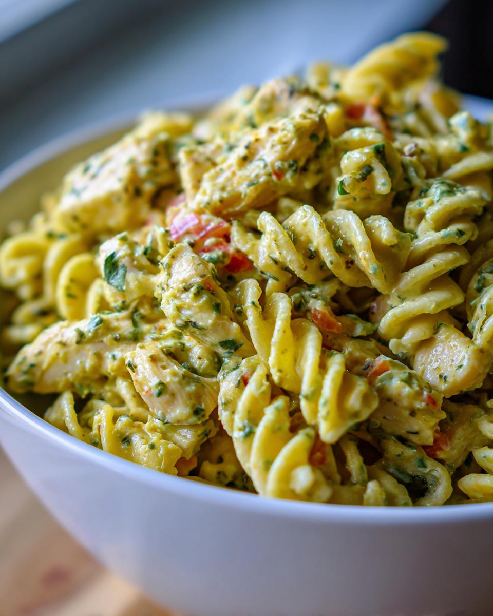 Close-up of a creamy pasta salad and chicken in a white bowl, a delicious pasta salad and chicken.