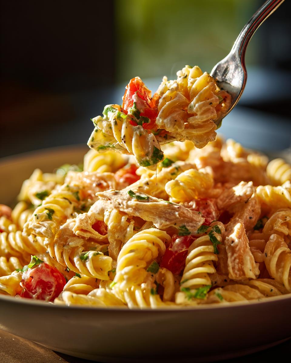 Close-up of creamy pasta salad and chicken with tomatoes, and herbs on a fork, the pasta salad and chicken.
