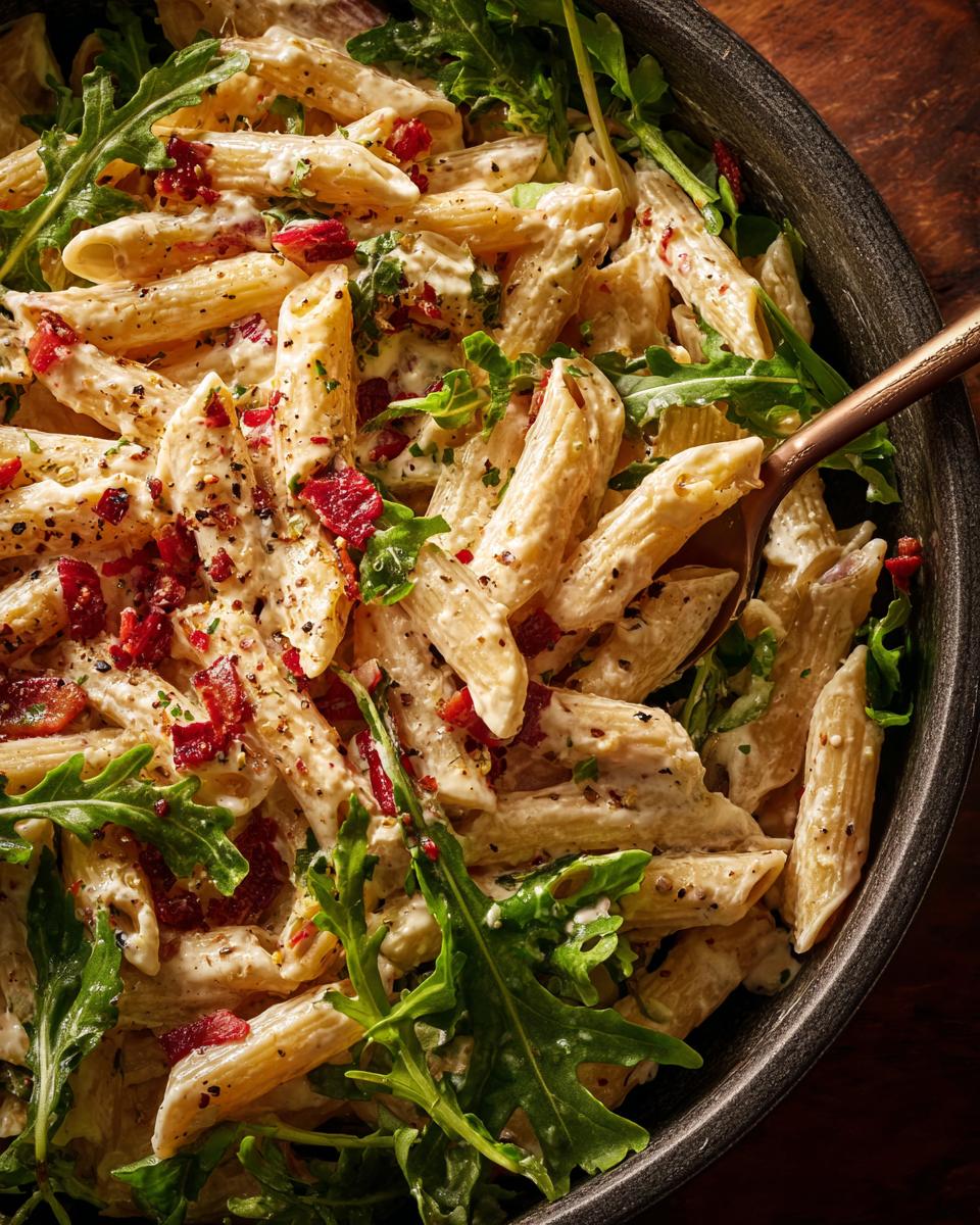Close-up of creamy pasta salad with bacon and arugula. Learn how do you make pasta salad.