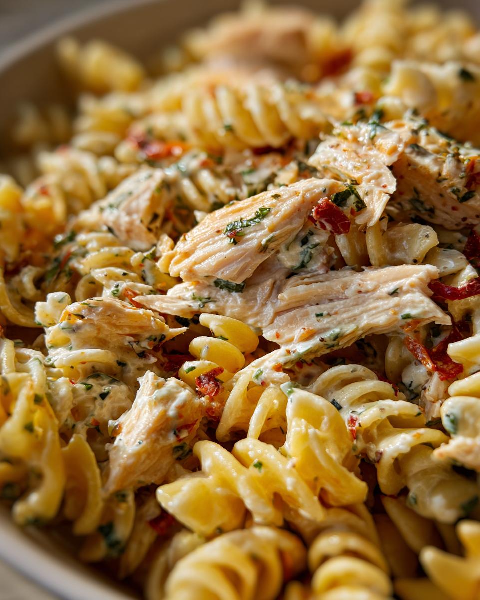 Close-up of creamy pasta salad and chicken, showing pasta, chicken, herbs, and sauce.