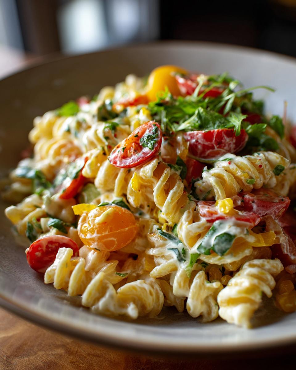 Close-up of a creamy pasta salad that keeps well with tomatoes and herbs.