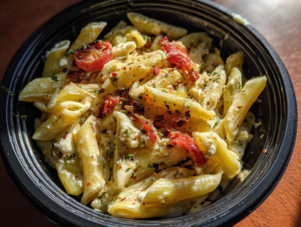 Close-up of creamy pasta salad that keeps well, with penne pasta, tomatoes, and herbs.