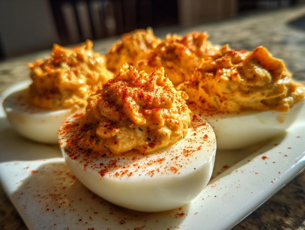 Close-up of Creamy Queso Deviled Eggs, garnished with paprika, on a white plate.