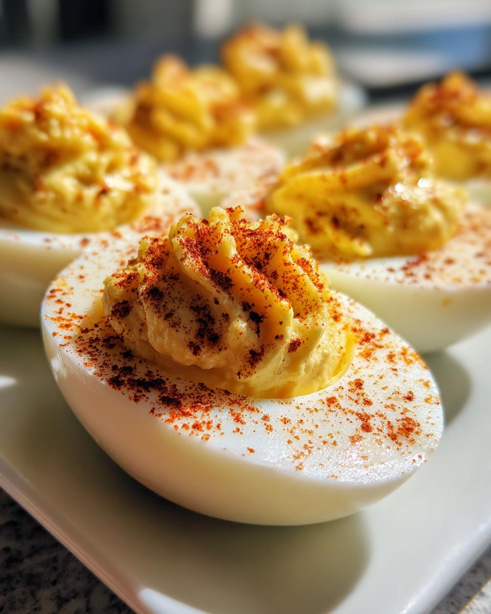 Close-up of creamy deviled eggs with queso filling, sprinkled with paprika. Delicious Creamy Queso Deviled Eggs.