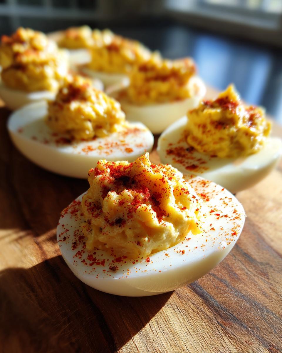 Close-up of Creamy Queso Deviled Eggs, garnished with paprika, on a wooden surface.