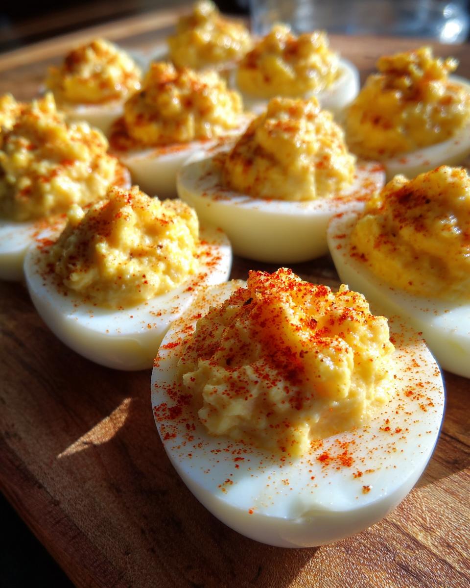 Close-up of Creamy Queso Deviled Eggs, topped with paprika, on a wooden board.