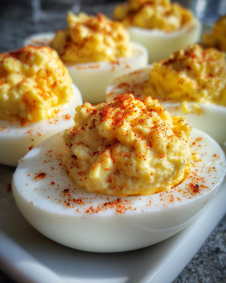 Close-up of Creamy Queso Deviled Eggs, garnished with paprika, on a white plate.