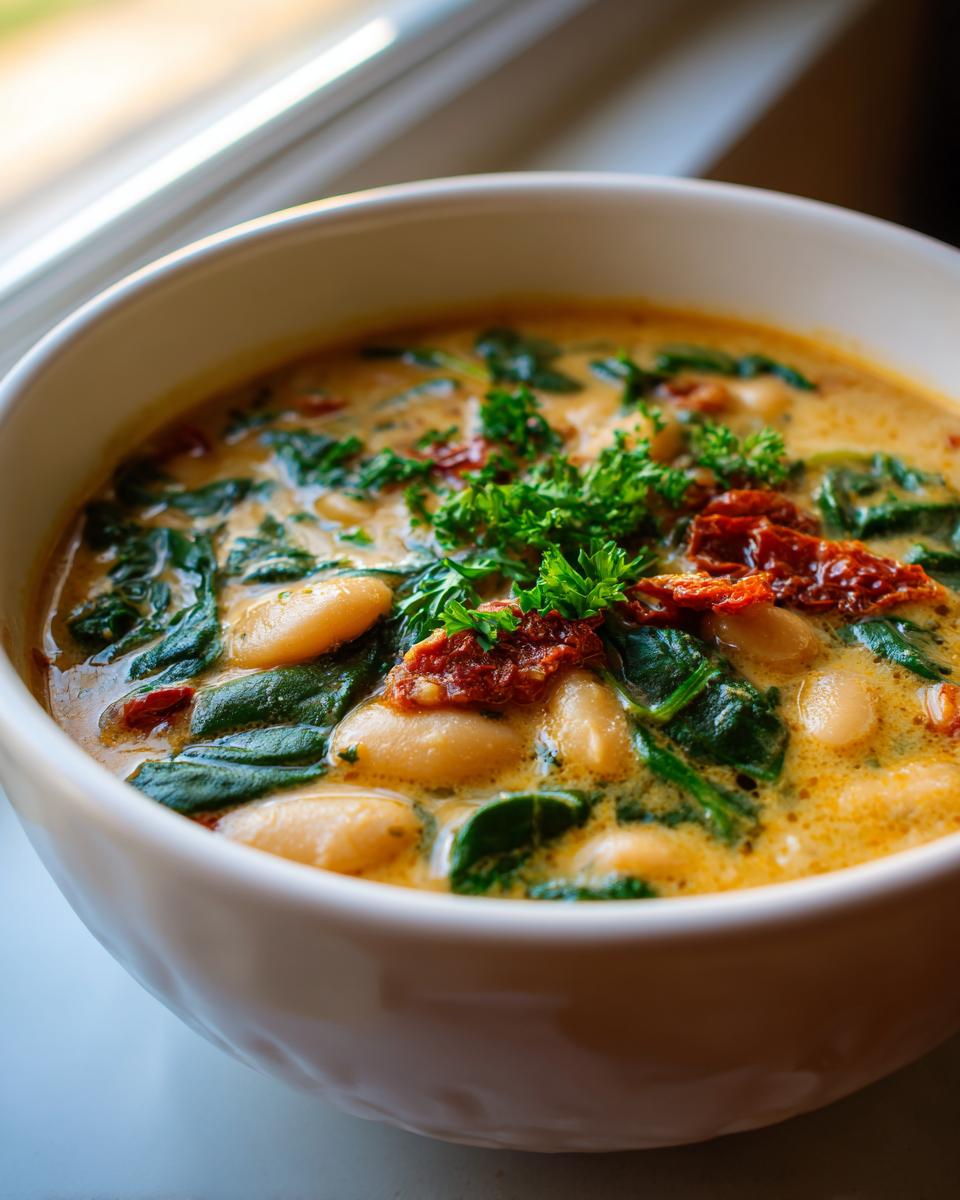 Close-up of a bowl of Creamy Tuscan White Bean Soup with spinach and sun-dried tomatoes.