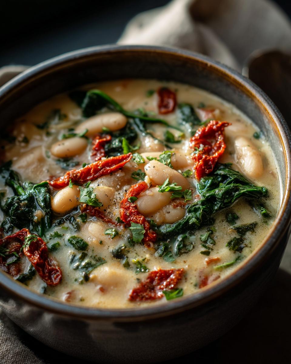 Close-up of a bowl of Creamy Tuscan White Bean Soup with beans, spinach, and sun-dried tomatoes.