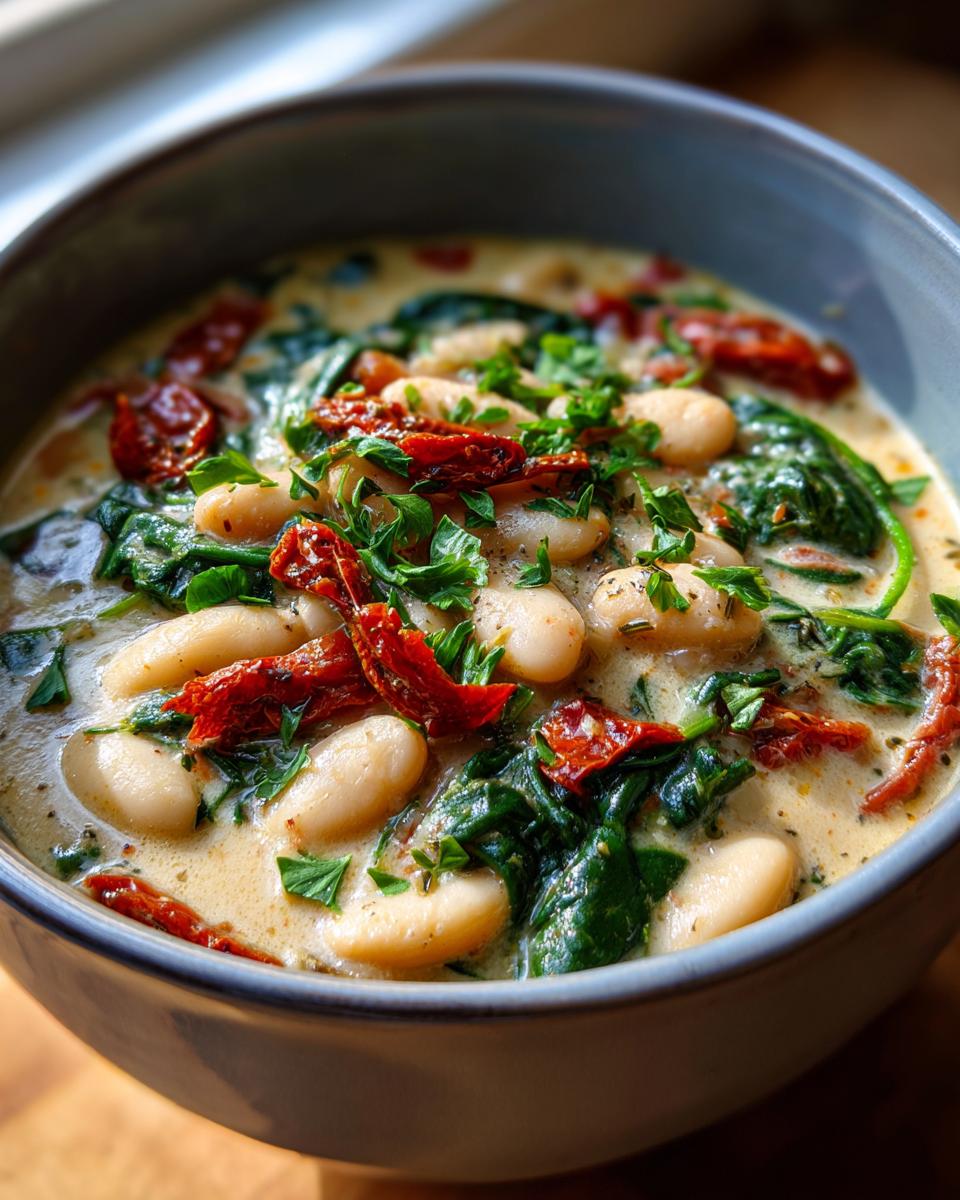 Close-up of a bowl of Creamy Tuscan White Bean Soup with spinach and sun-dried tomatoes.