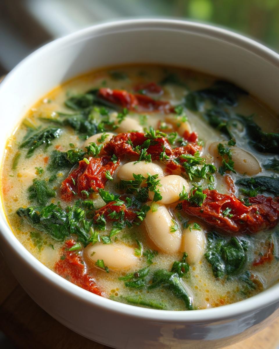 Close-up of a bowl of Creamy Tuscan White Bean Soup with beans, spinach, and sun-dried tomatoes.