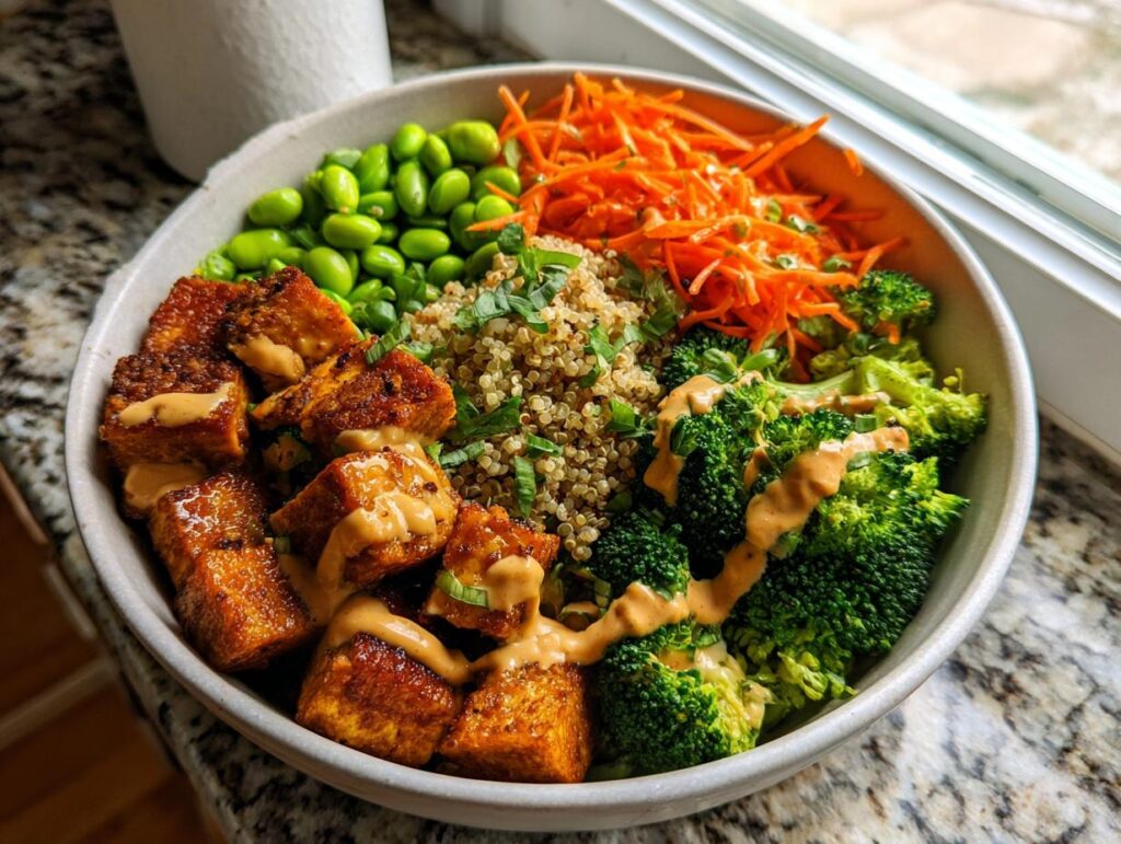 A colorful Crispy Tofu Buddha Bowl with tofu, broccoli, carrots, edamame, quinoa, and sauce.