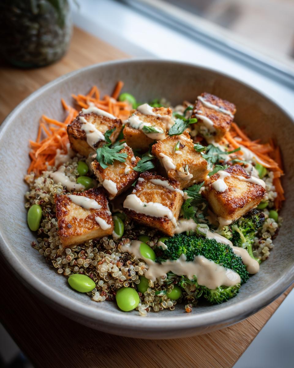 Close-up of a Crispy Tofu Buddha Bowl with quinoa, vegetables, and sauce.