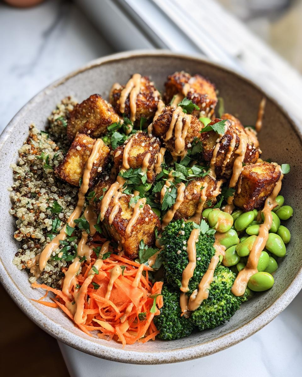 A vibrant Crispy Tofu Buddha Bowl with quinoa, broccoli, carrots, edamame, and a delicious sauce.