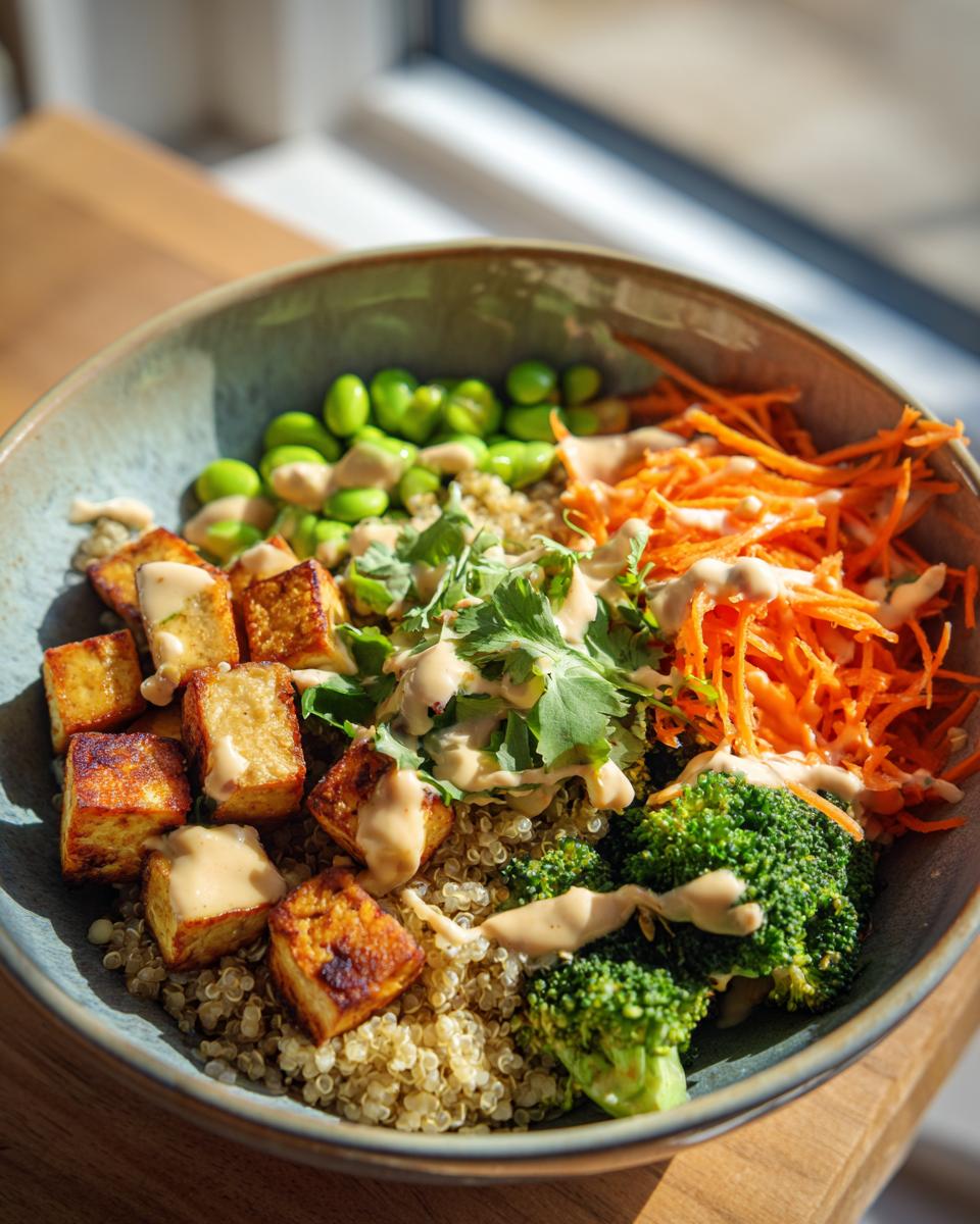 A colorful Crispy Tofu Buddha Bowl with tofu, quinoa, broccoli, carrots, edamame, and sauce.
