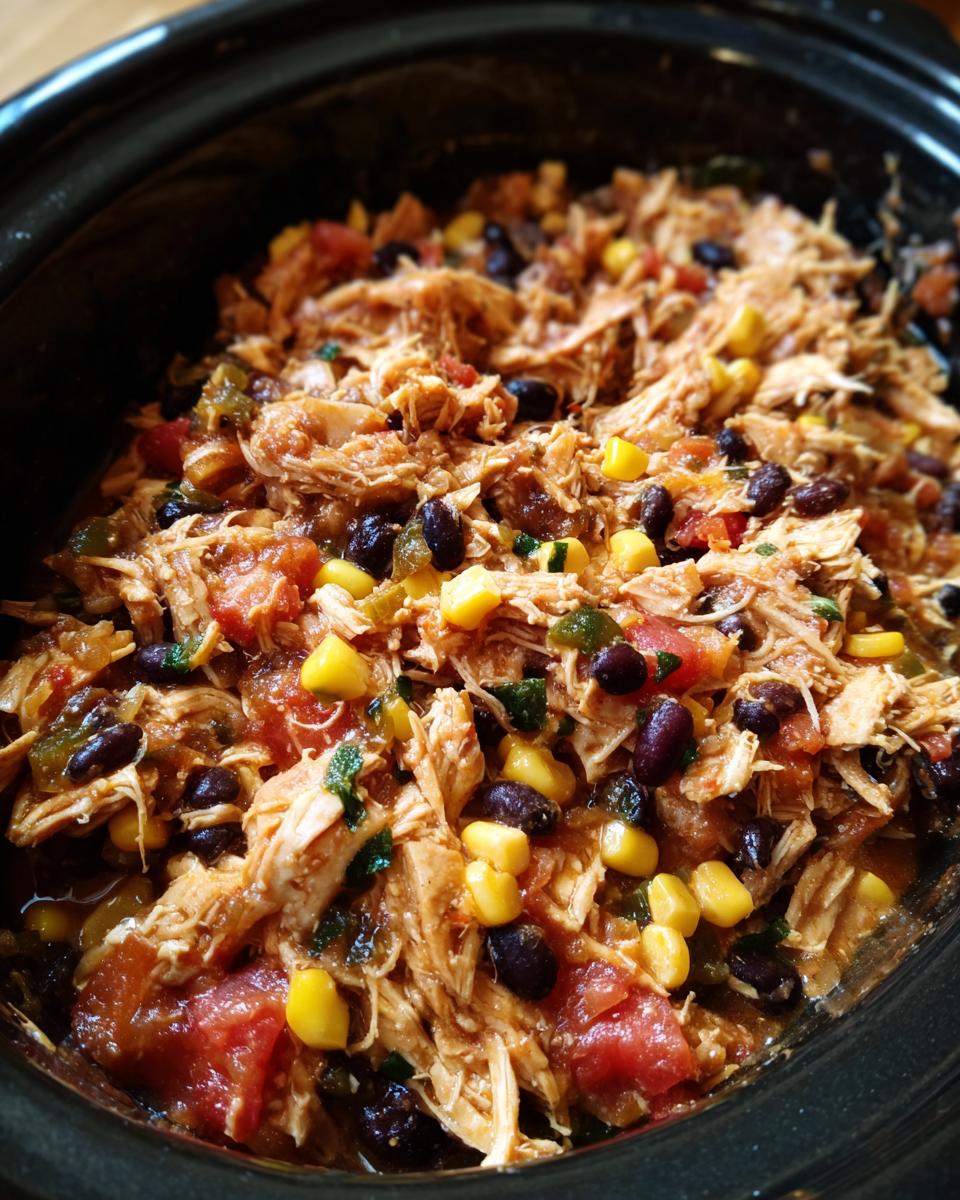 Close-up of a crockpot meal with shredded chicken, black beans, corn, and tomatoes. This is an easy crockpot meal.