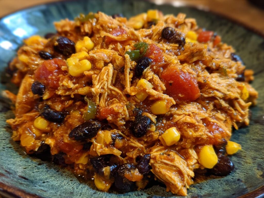 Close-up of a delicious crockpot chicken meal with corn, black beans, and tomatoes, perfect for Easy Crockpot Meals.