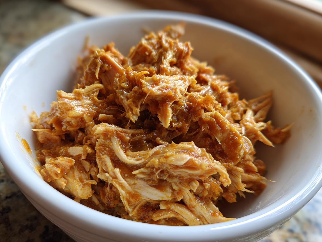 Close-up of shredded Crockpot Chicken Recipes Healthy in a white bowl, ready to serve.