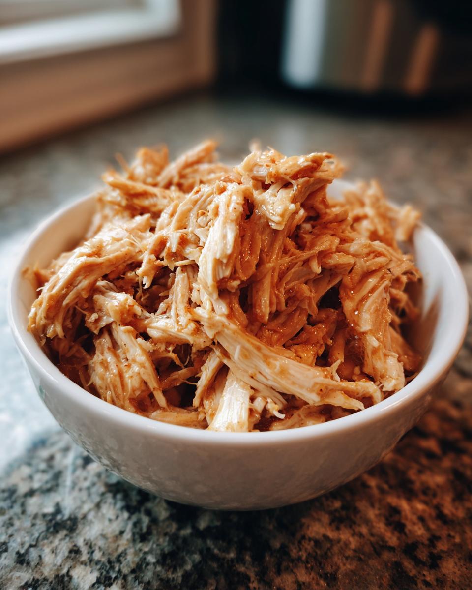 Close-up of shredded Crockpot Chicken Recipes Healthy in a white bowl, ready to eat.