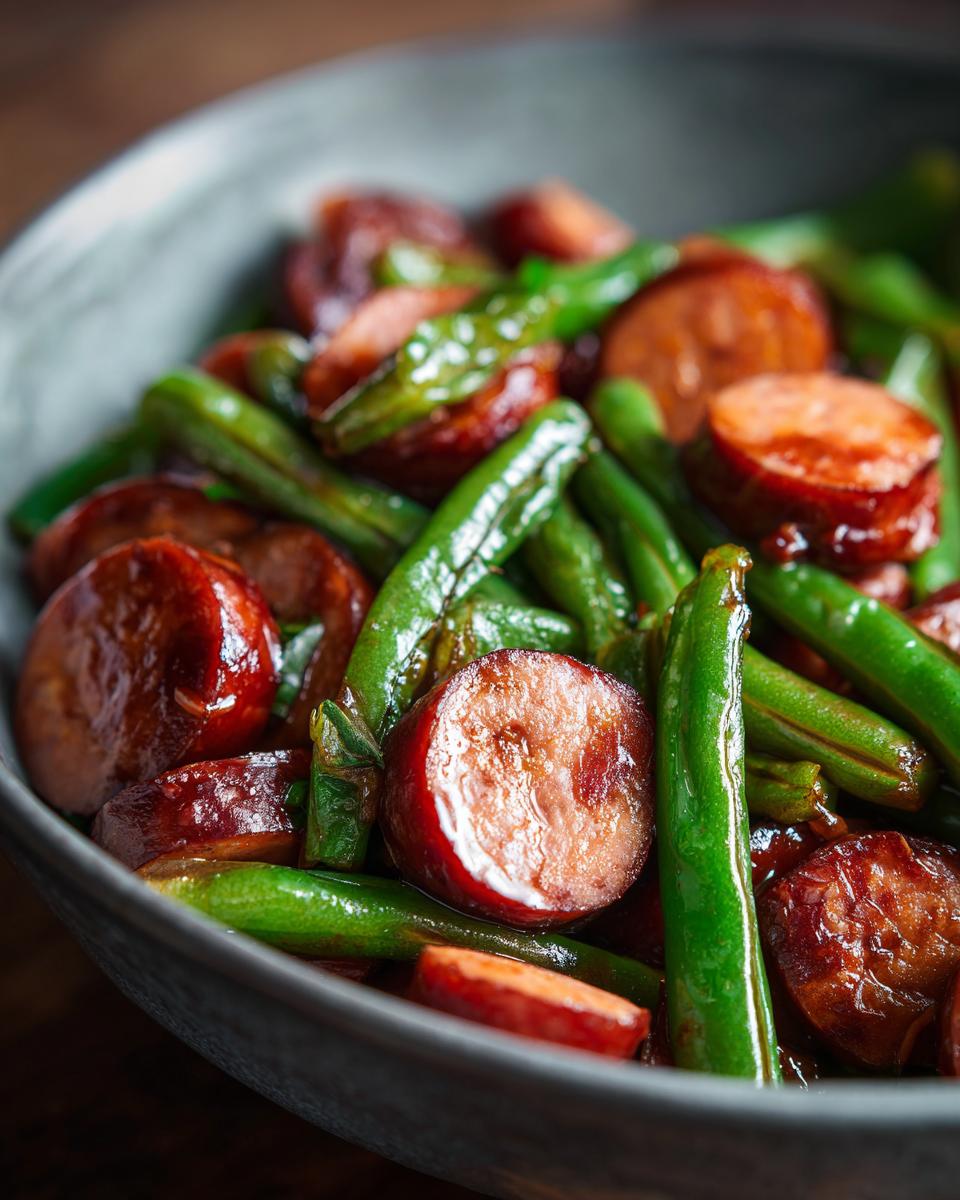 Close-up of Crockpot Kielbasa and Green Beans in a bowl, showing kielbasa slices and green beans.