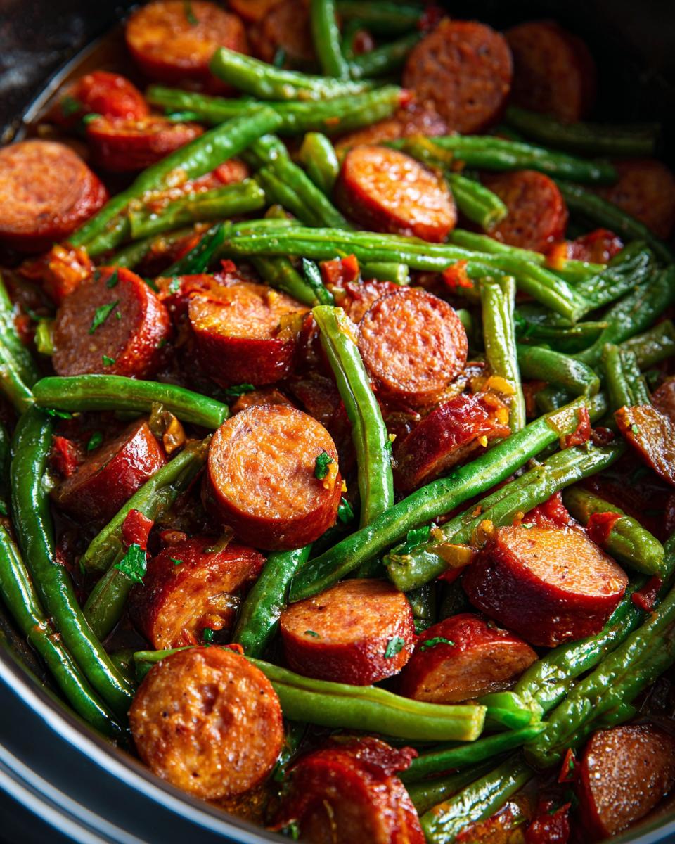 Close-up of Crockpot Kielbasa and Green Beans, showing sausage and green beans.