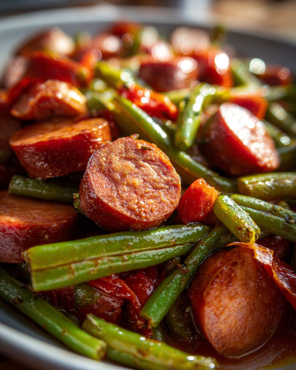 Close-up of Crockpot Kielbasa and Green Beans with kielbasa sausage, green beans, and tomatoes.