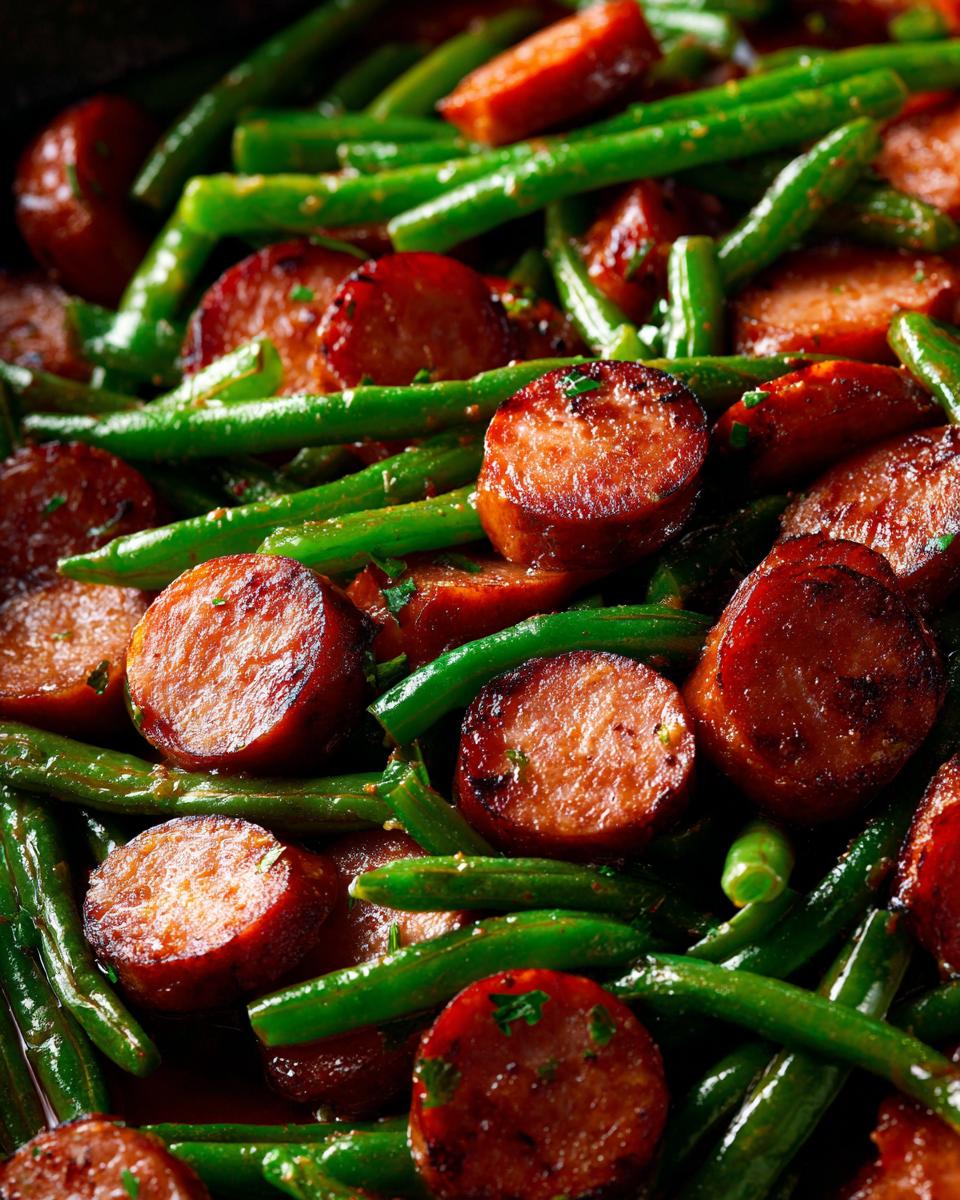Close-up of Crockpot Kielbasa and Green Beans, a delicious and easy one-pot meal.
