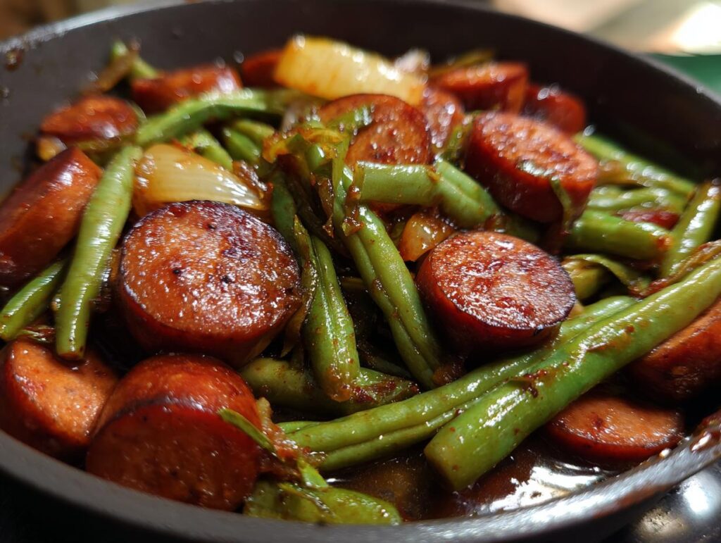 Close-up of Crockpot Kielbasa and Green Beans in a skillet, showcasing the ingredients.