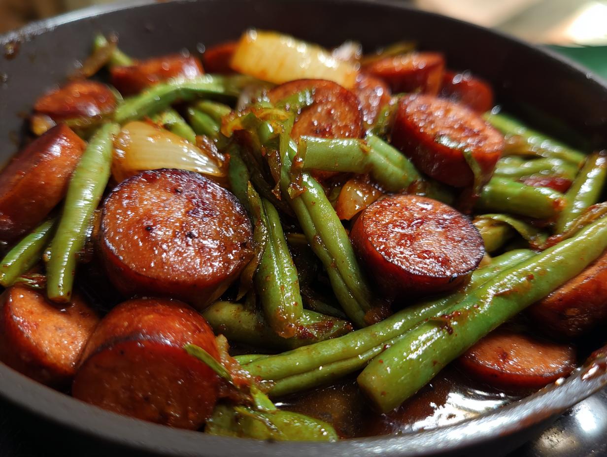 Close-up of Crockpot Kielbasa and Green Beans in a skillet, showcasing the ingredients.