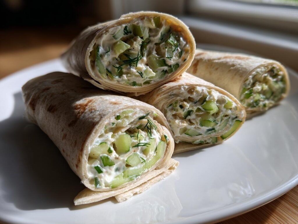 Close-up of Cucumber Dill Cream Cheese Pinwheels, showing the filling.