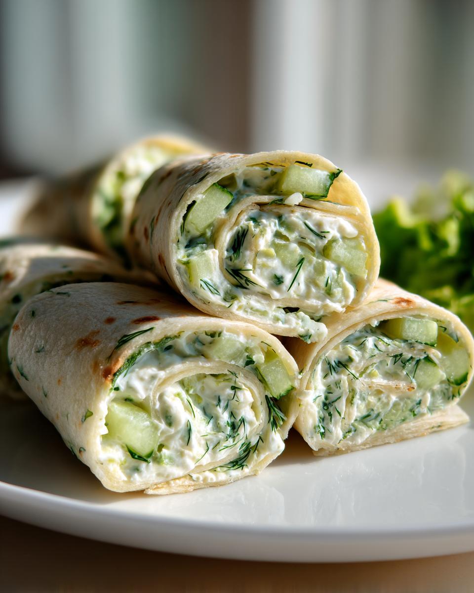 Close-up of Cucumber Dill Cream Cheese Pinwheels, showing the filling with dill and cucumber.
