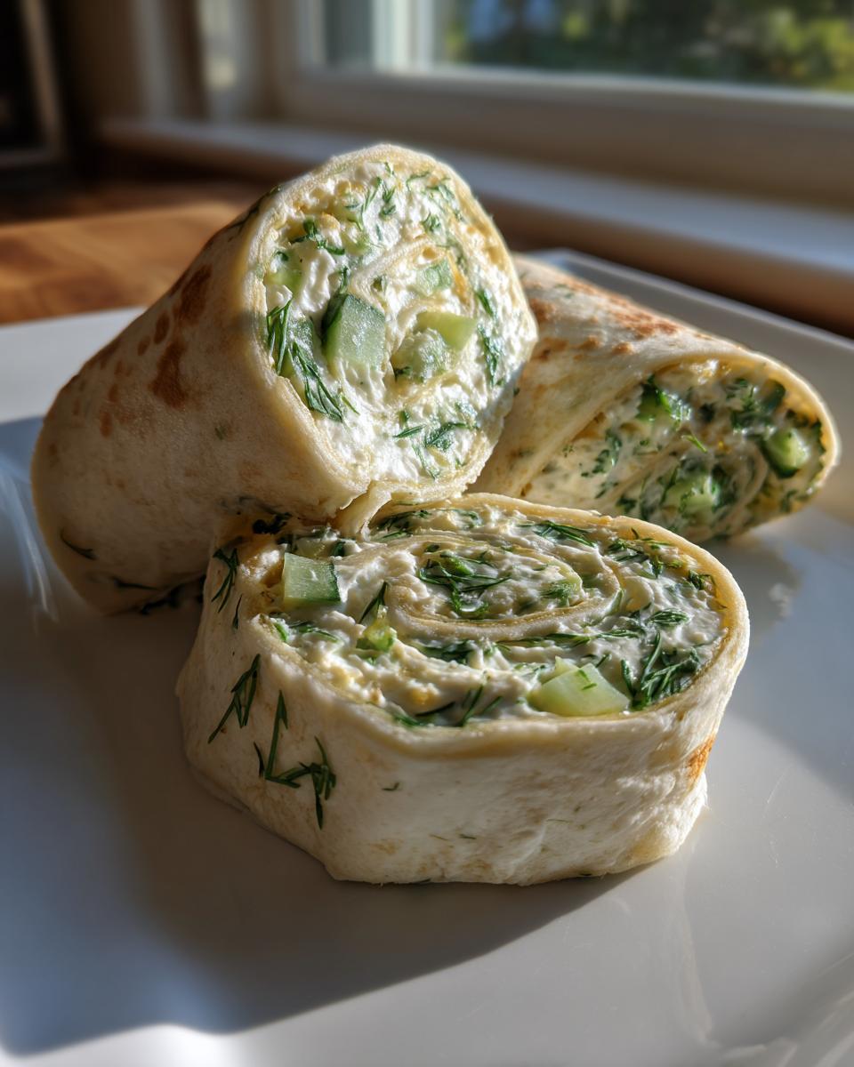 Close-up of sliced Cucumber Dill Cream Cheese Pinwheels on a white plate, showing the filling.