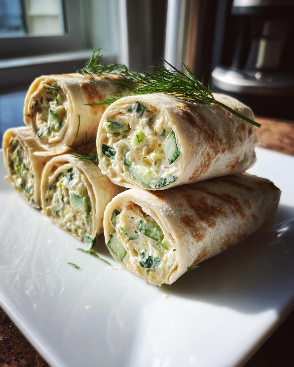 Close-up of stacked Cucumber Dill Cream Cheese Pinwheels, showing the filling and fresh dill.