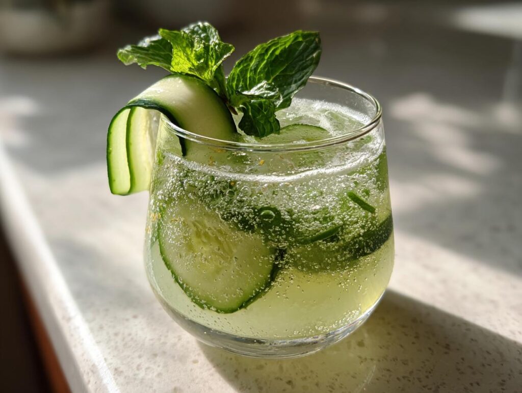Close-up of a Cucumber Mint Gin Cocktail in a glass, garnished with cucumber and mint.