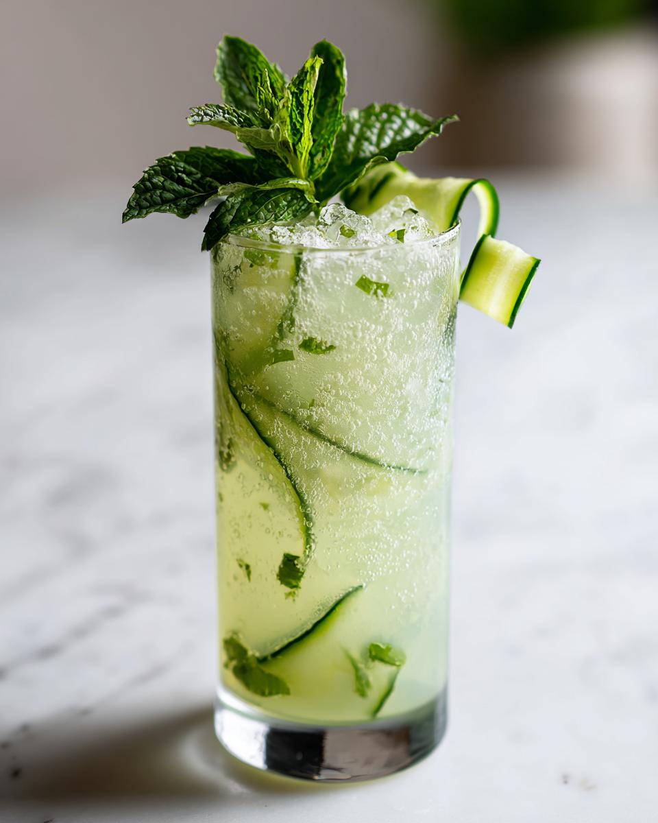 Close-up of a Cucumber Mint Gin Cocktail garnished with fresh mint and cucumber.