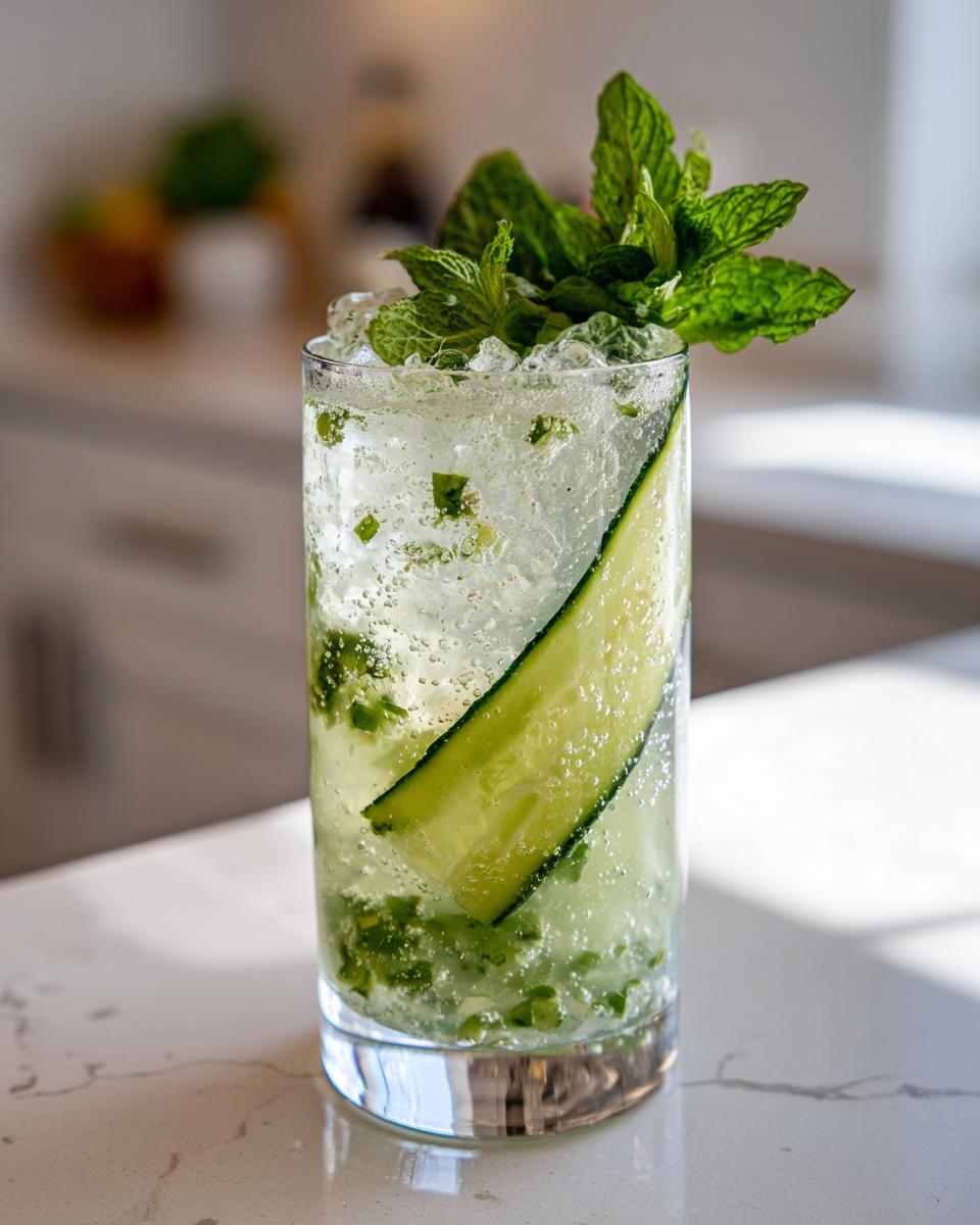 A tall glass of a Cucumber Mint Gin Cocktail garnished with cucumber and mint.