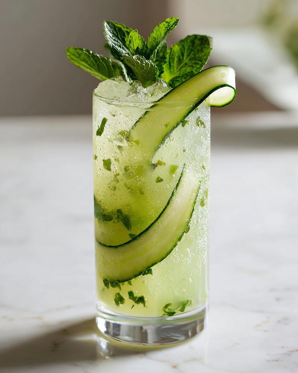 A tall glass of a refreshing Cucumber Mint Gin Cocktail garnished with cucumber and mint.