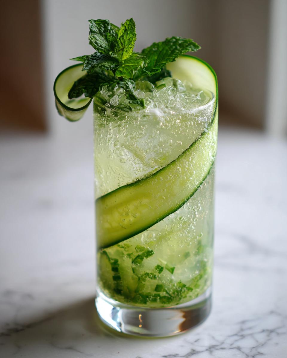 A tall glass of a Cucumber Mint Gin Cocktail garnished with cucumber and mint.
