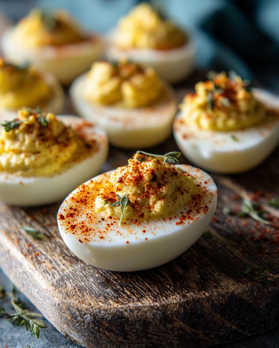 Close-up of beautifully garnished Deviled Eggs on a wooden board, sprinkled with paprika and herbs.