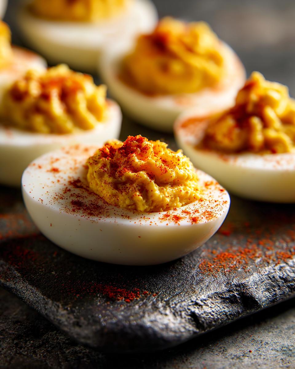 Close-up of deviled eggs topped with paprika, a classic appetizer. Featuring the primary keyword: Deviled Eggs.