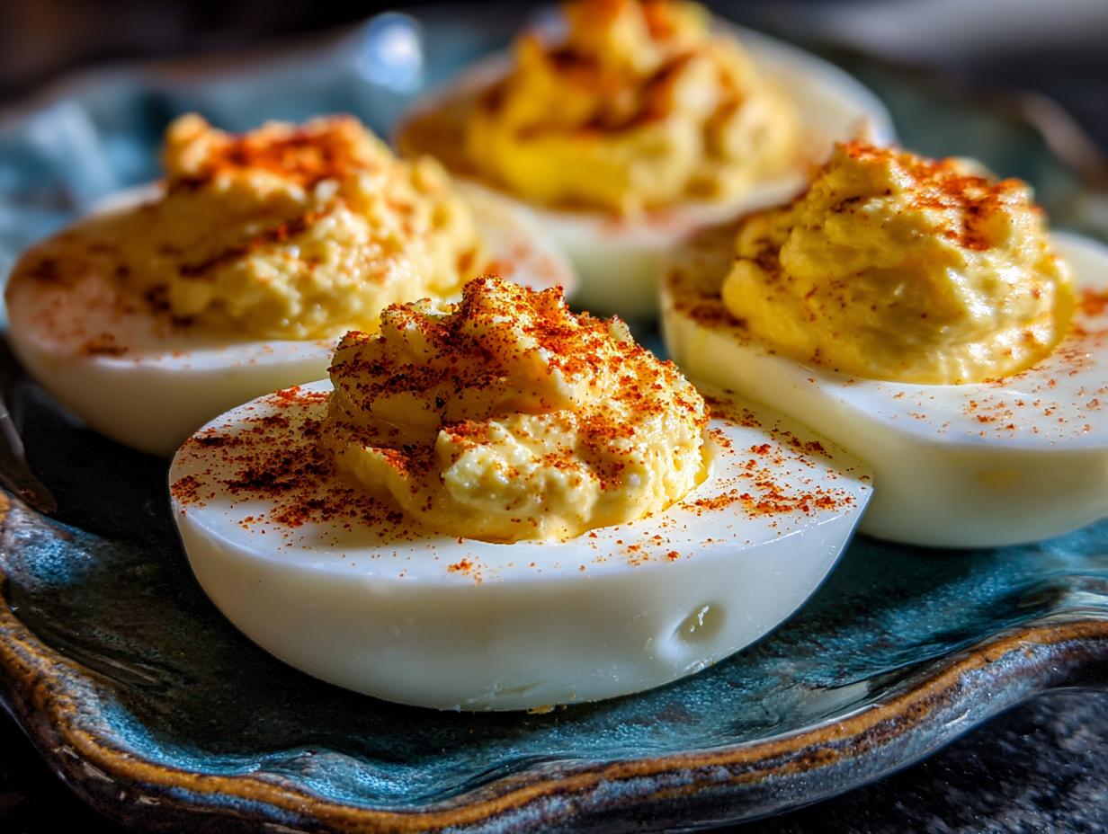 Close-up of perfectly made Deviled Eggs, garnished with paprika, on a blue plate.