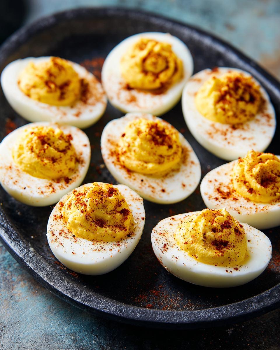 Close-up of a plate of delicious Deviled Eggs, garnished with paprika.