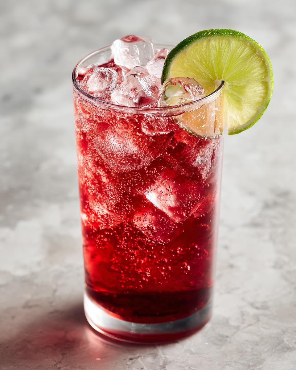 A tall glass of The Driveway Drink, a red cocktail with ice and a lime wedge.