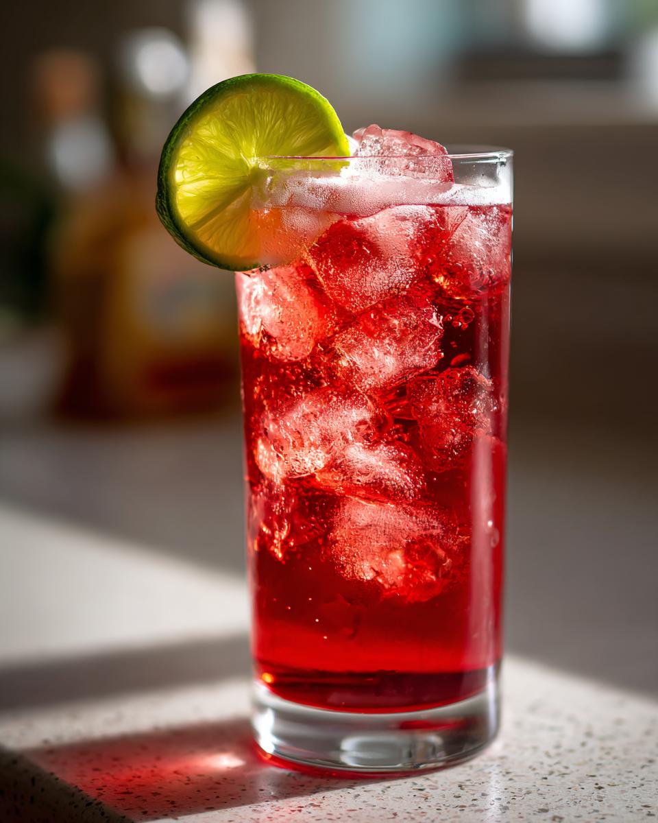 A vibrant red Driveway Drink in a tall glass, garnished with a lime slice and filled with ice.